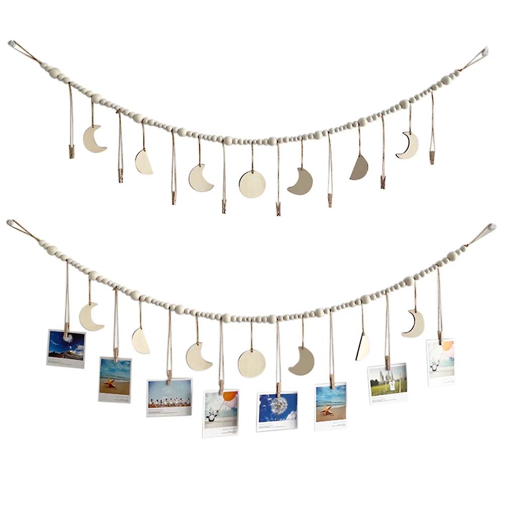 130cm Photo Garland With Wooden Beads Moon Tags 3 Sizes Wall Mounted Photo Clip String For Bedroom Office Dorm Party Decor