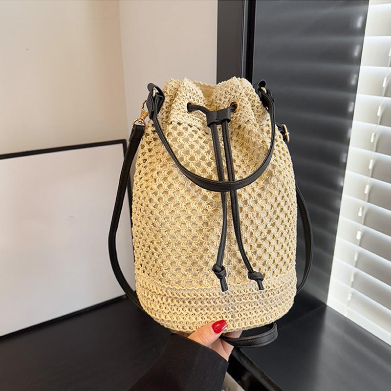 Summer Straw Shoulder Bags Drawstring Women'S Hand-Woven Bucket Bag Raffia Woven Handbags Casual Tote Ladies Beach Crossbody Bag Quality
