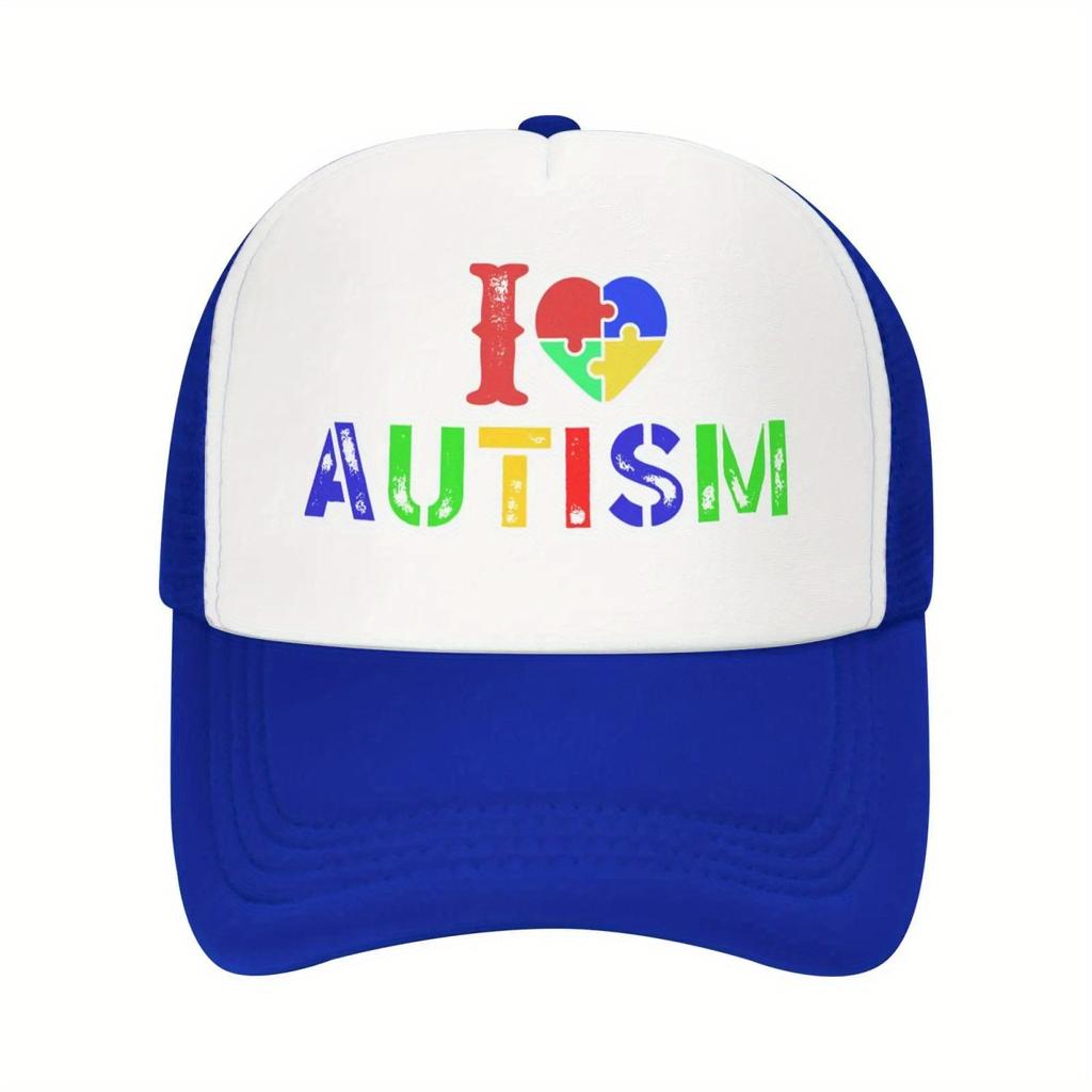 Autism Awareness Puzzle Heart Trucker Hat Adjustable Polyester Mesh Baseball Cap Casual Unisex