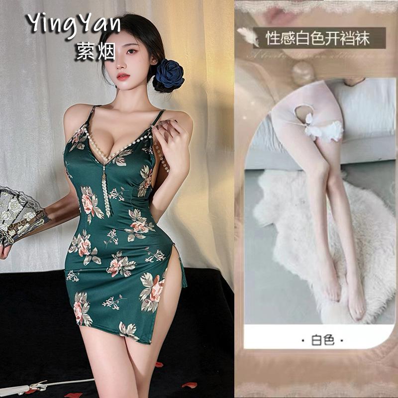 Lingyan erotic underwear sexy high waist split fork tight cheongsam of the Republic of China pure desire printing bead string cheongsam style clothing