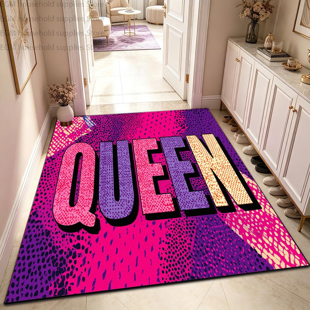 Trendiger Pink-Lila Königin Buchstaben-Druck Teppich Pop Art Schlafzimmer Großer Teppich Weich Rutschfest Waschbar Wohnzimmer Eingang Fußmatten