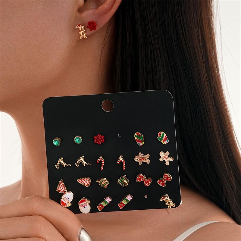 24Pcs Christmas Earrings Set For Women Small Shiny Zircon Xmas Tree Santa Claus Snowflake Earring Party Jewelry Accessories Gift