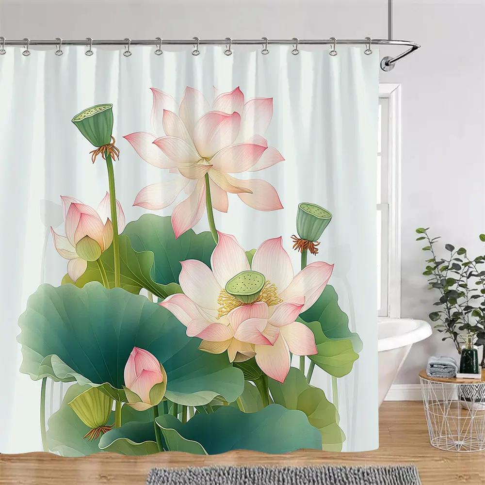 Lotus Flowers Shower Curtain Green Leaves Plant White Floral Chinese Style Home Wall Hanging Bathroom Curtains Decor with Hooks