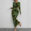 Women's Long Sleeve Camo Print Bodycon Midi Dress Solid Green Casual Dress