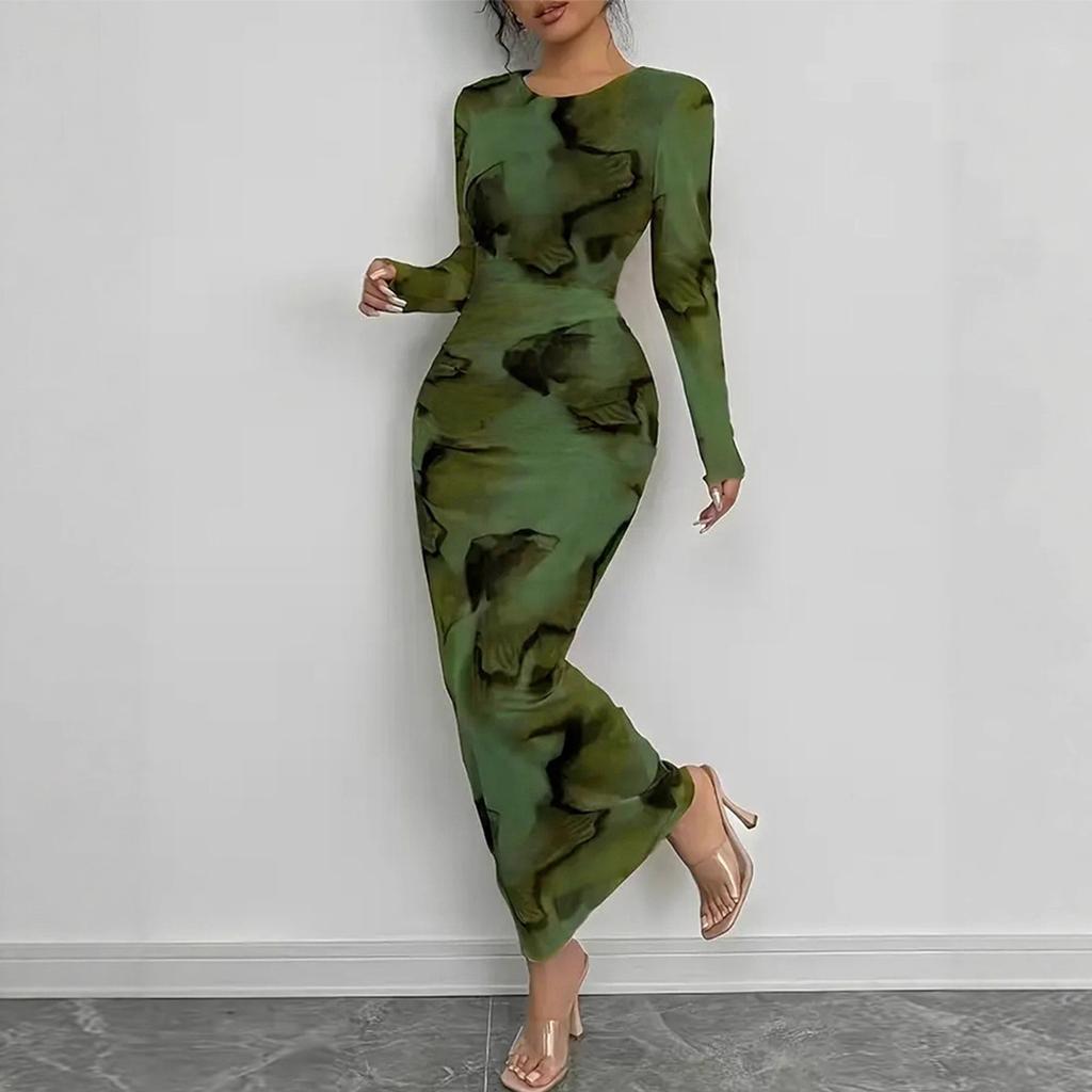 Women's Long Sleeve Camo Print Bodycon Midi Dress Solid Green Casual Dress