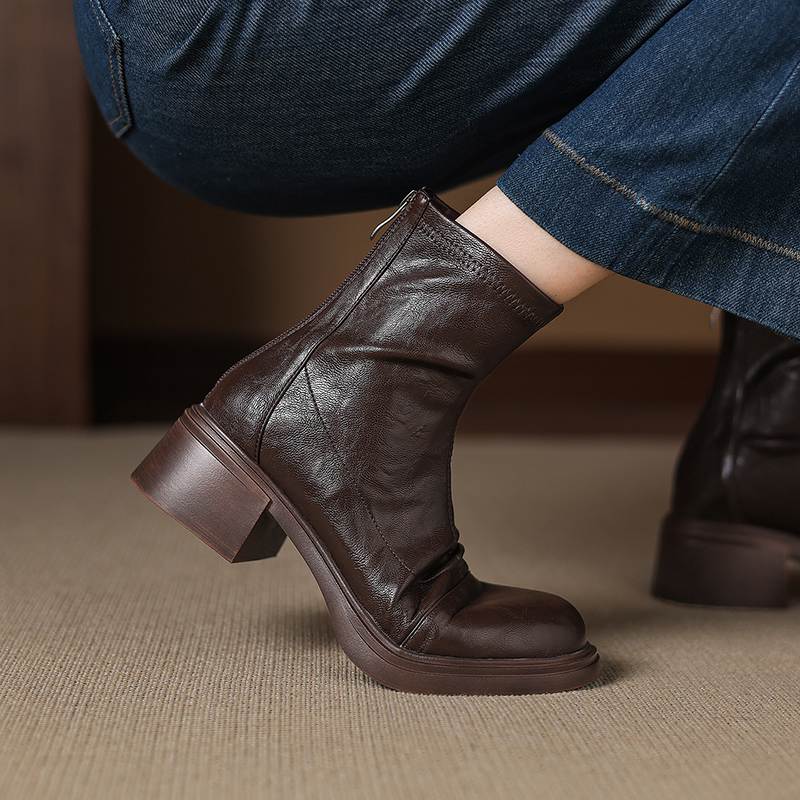 Krazing Pot Microfiber Round Toe Chunky Heels Motorcycle Boots Size 42 Zip Women Pleated Decoration Platform Ankle Boots