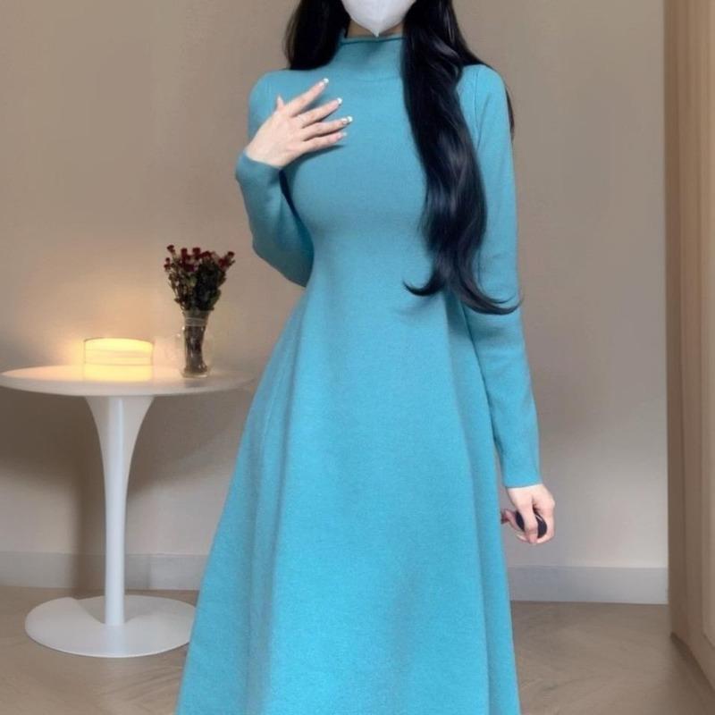 

Вязаное базовое платье осень и зима новое длинное до колена свитер-юбка полувысокая горловина талия приталенная А-силуэтная юбка one size fits all синий