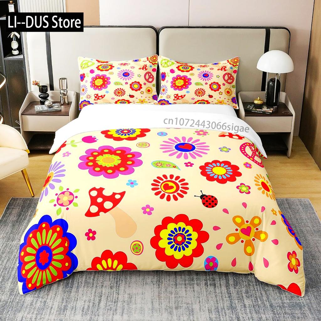 Floral Bedding Set Full Size Colorful Flowers Comforter Cover for Girls Child Duvet Cover Bedroom Decor with 2 Pillow Cases