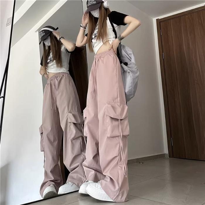 American retro quick-drying overalls women s spring and autumn summer high-waisted straight wide-leg streamers loose casual floor-mopping trousers S розовый