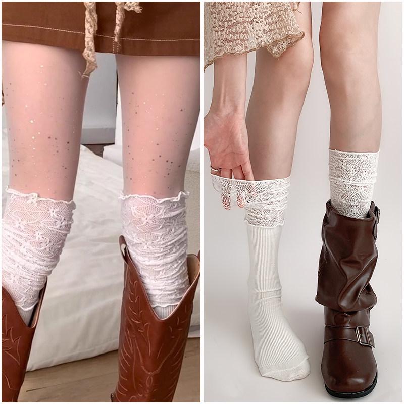 Women's White Calf Socks, Summer Thin Lace, Long Ballet Style Over-the-Knee Black Socks, Perfect for Boots