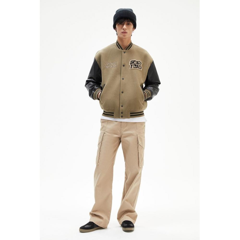 H M Baseball Jacket Loose Fit Beige Black