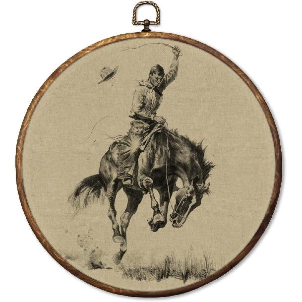 HUGANE Western Cowboy Round Wall Art Decor, Vintage Rodeo Cowboy Riding Bucking Horse Western Hanging Canvas Framed Prints Wall Sculptures for Home