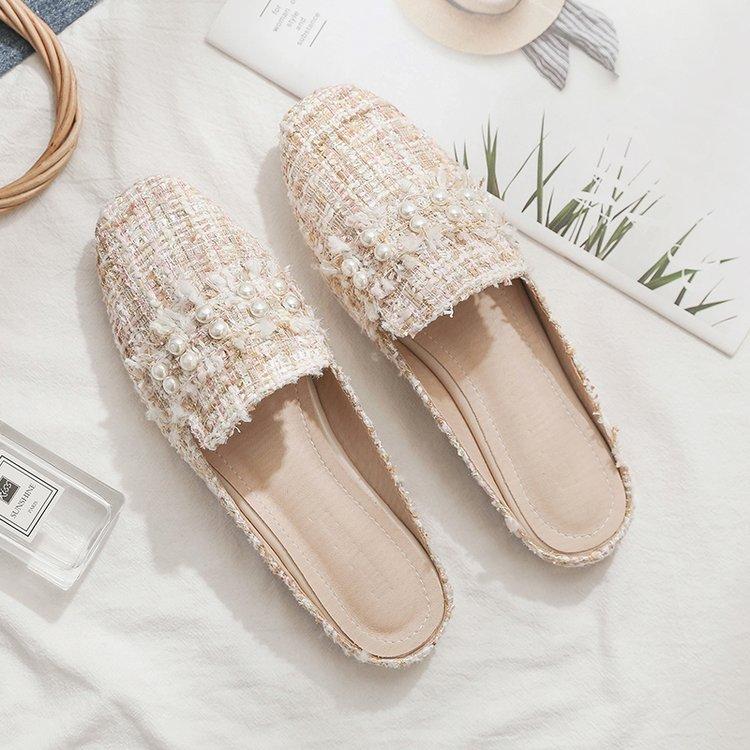Pearl bag head half slippers women's fashion bow flat muller shoes summer without heel lazy drag