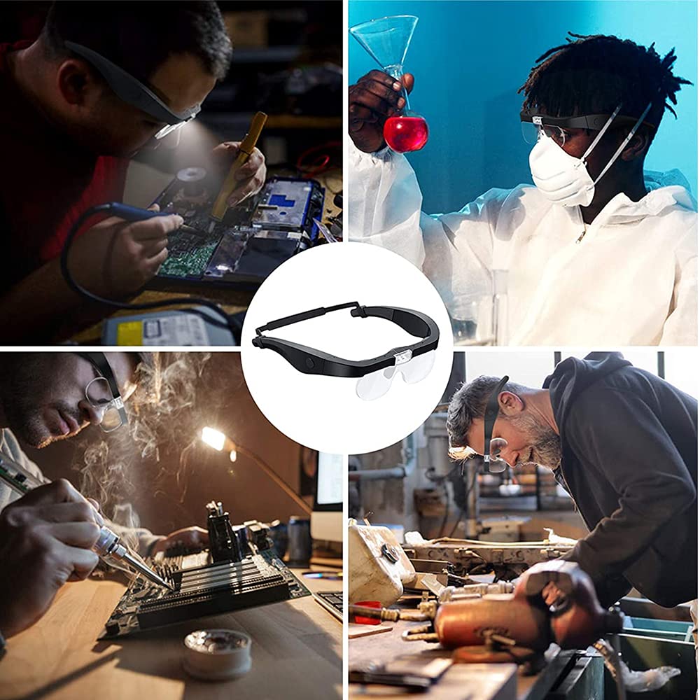 Meichoon Head-Mounted Magnifying Glasses, USB Rechargeable, with 2 LED Lights, 1.5X, 2.5X, 3.5X, 5X Adjustable Lenses, 4 Lenses for Close Work
