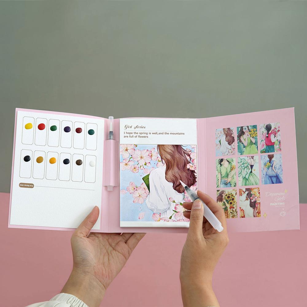 Three fold watercolor coloring book with built-in pigments, adult decompression DIY portable coloring watercolor drawing book