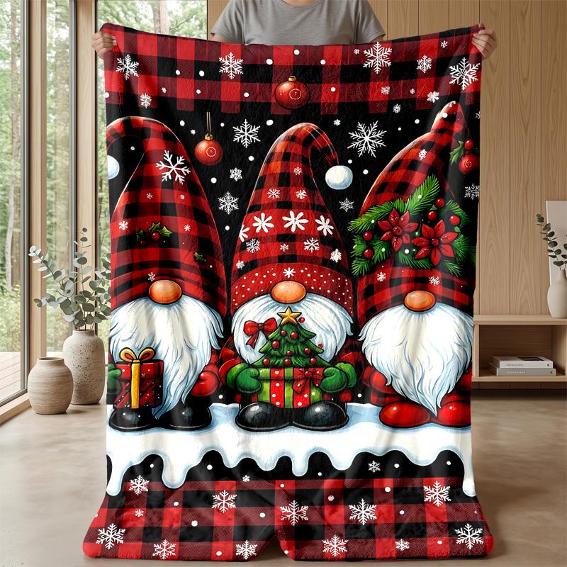 Festive Christmas Gnome with Tree and Heart Theme Blanket Lightweight Warm Flannel Blanket Decorative Throw Blanket for Home Decoration