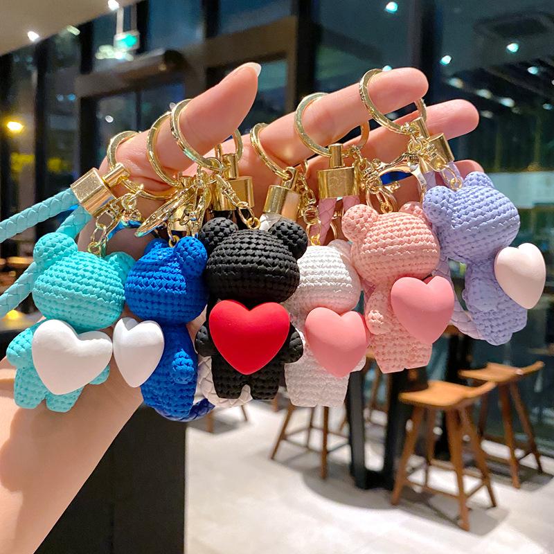 Cartoon Wool Love Woven Bear Pendant Car Key Chain High-End Schoolbag Accessories Couple Keychain