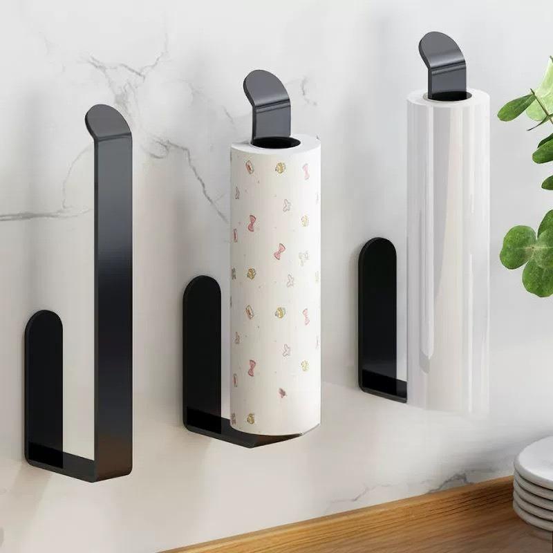 Self-Adhesive Space-Saving Kitchen & Bathroom Tissue Holder Wall-Mounted, No-Drill Plastic Towel Rack Dual-Purpose for Paper Rolls & Hand Towels