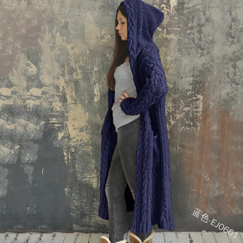Women's Hood Neck Long Sleeve Cardigan Sweater Cape Fit British Style Solid Color Cable Knit Lazy Casual Commuter Long Knit Coat