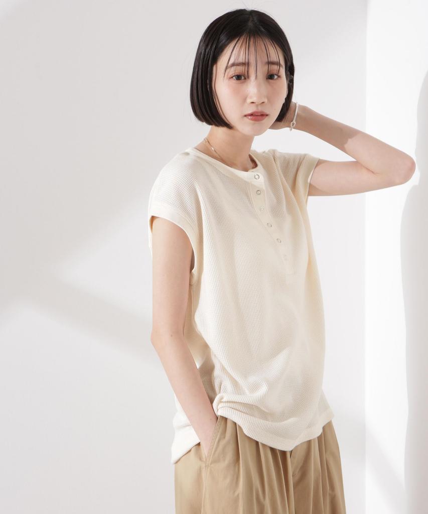 Nano Universe Women's Waffle Henley Sleeveless Top, Oatmeal, Size F 033, 673-5124311