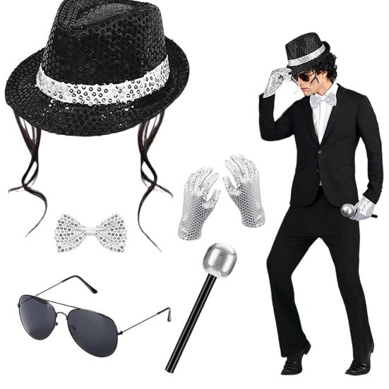 Sada kostýmu popové rockové hvězdy pro dospělé, Černý klobouk s flitry, Brýle, Rukavice, Mikrofon, Kostýmové doplňky pro hraní rolí na Cosplay party, Halloween