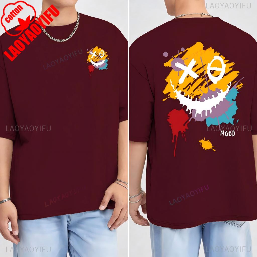 Happy Mood Graffiti Paint Print T Shirt Unisex Summer Hip Hop Streetwear Crew Neck Breathable Pure Cotton Casual Top