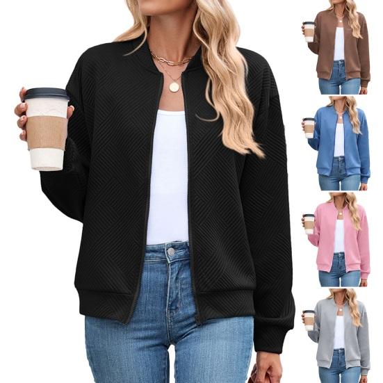 Women Coat Stand Collar Long Sleeve Zipper Closure Baseball Jacket with