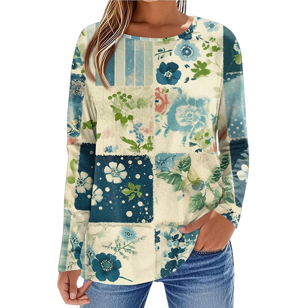 Women's Fashionable Casual Printed Long Sleeved Round Neck Top Round Neck Top Top