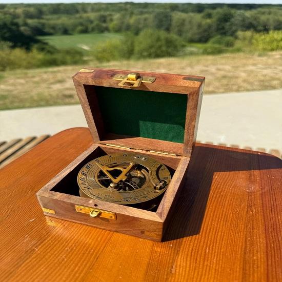 Brass Sundial Compass with Wooden Box Nautical Decor Gift