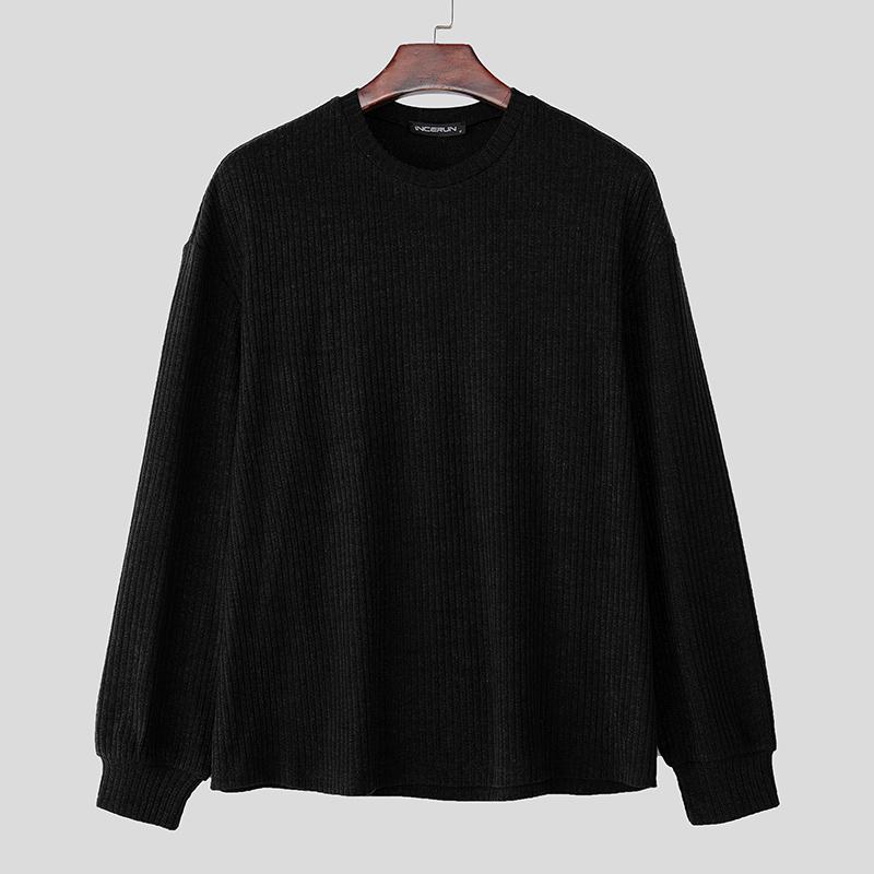 INCERUN Autumn Men Round Neck Long Sleeve Texture Rib Casual Pullover Tops