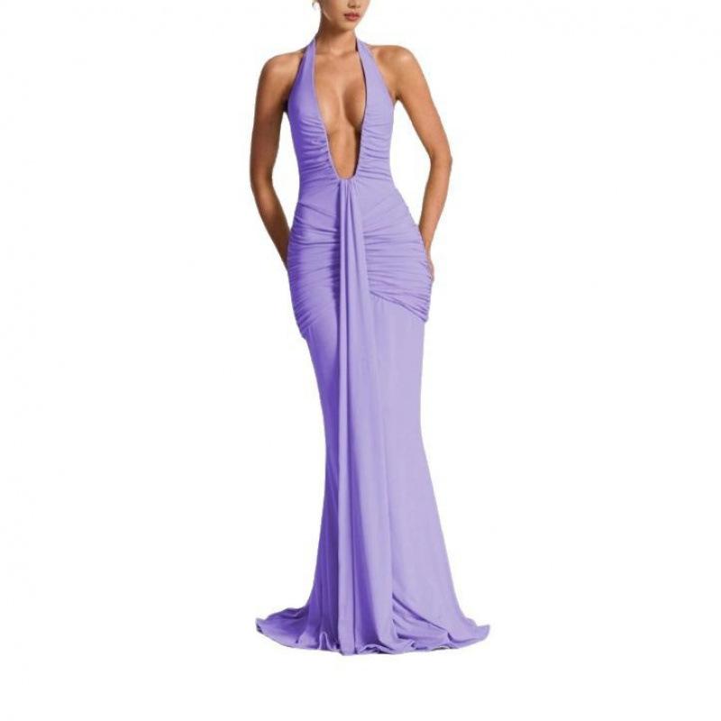 New Women's Long Dress Solid Color Elegant Neck Deep V Waist Sexy Backless Streamer Fishtail Skirt