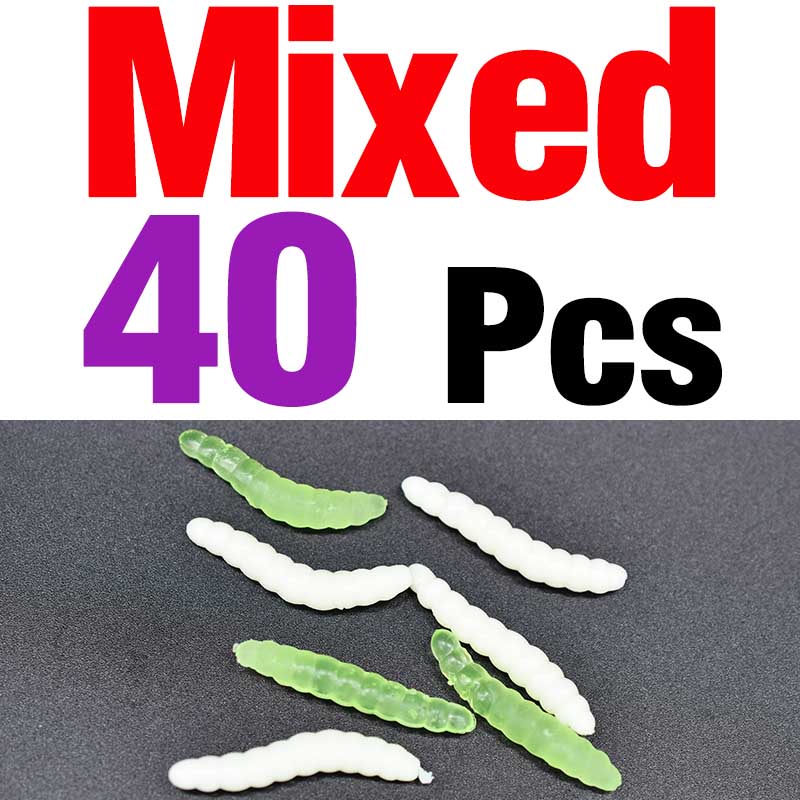 MNFT 40PCS 3.8cm 0.6g Bass Fishing Worms Lures Green/White Silicone Soft Maggot Baits Bread Worm Fishing Lure