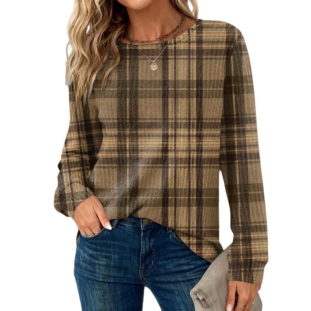 Women's Plaid Print Round Neck Long Sleeve Casual Loose Top