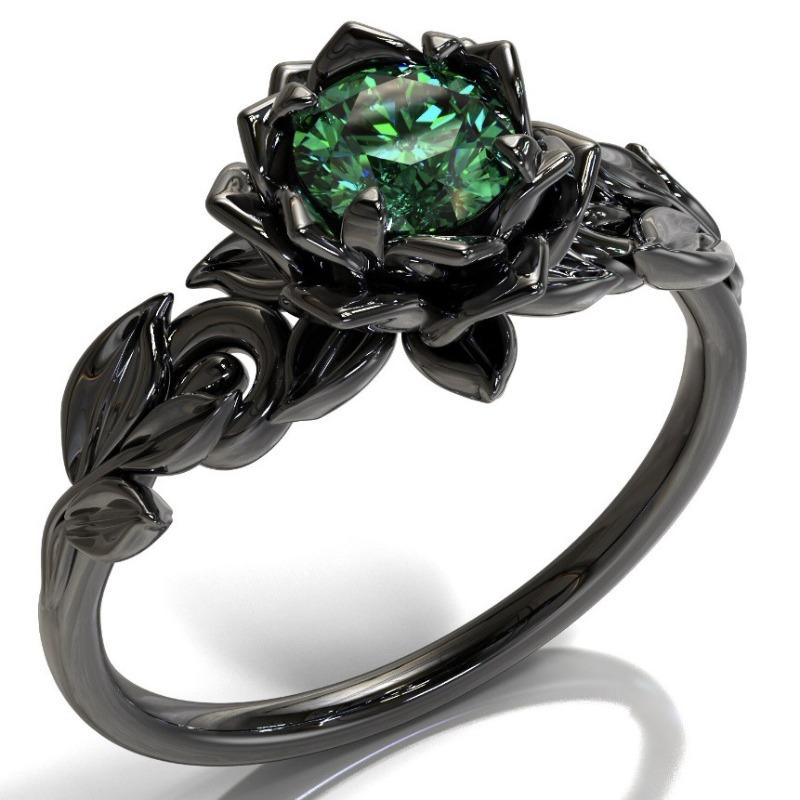 European and American new fashion gun black flower creative rose words green zircon inlaid personalized simple women s ring 6&Black Gun Plated зелёный