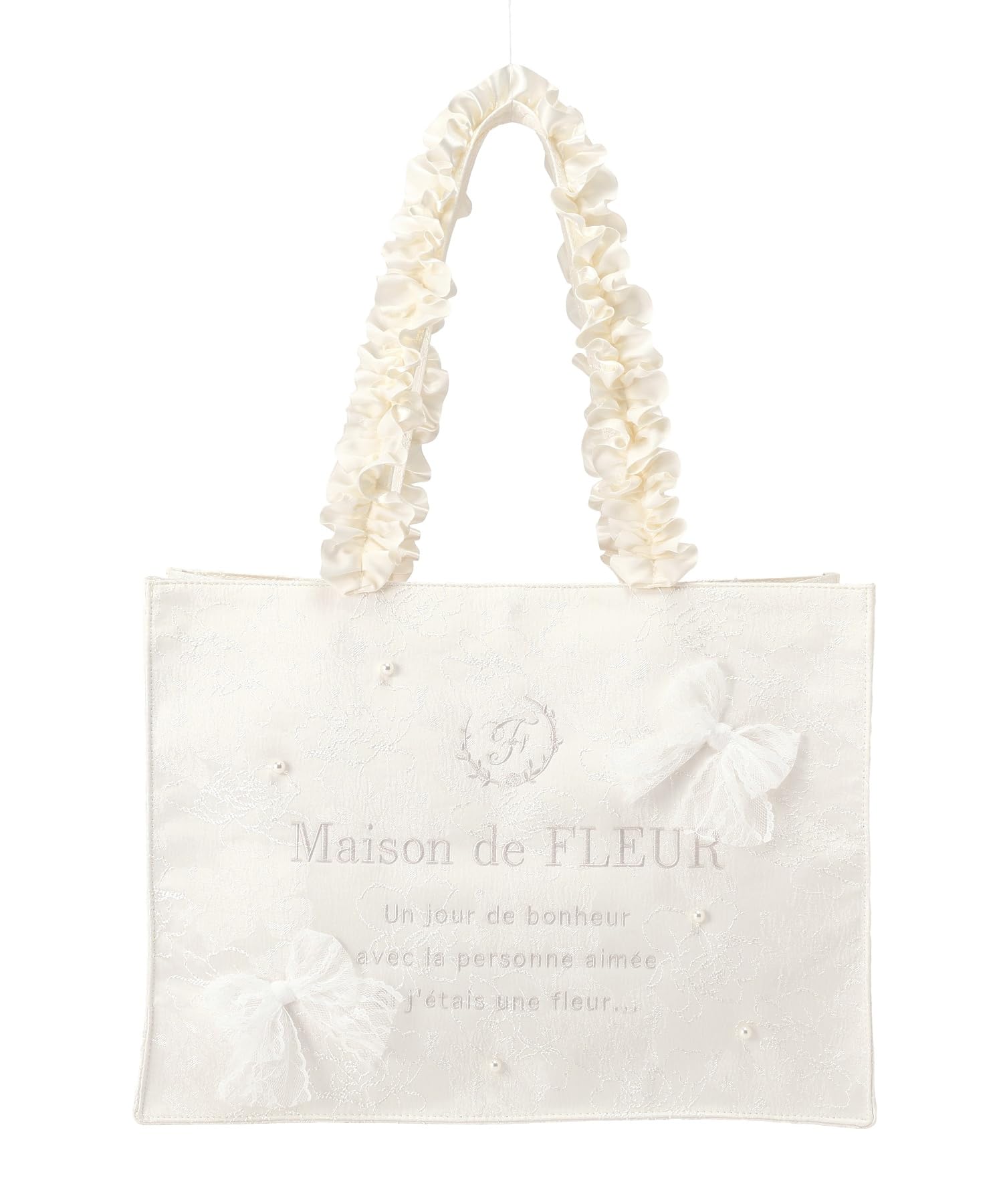 Maison de FLEUR Lace Ribbon Frill Handle Square Tote Size 08001214900 Bag, Ivory, M, слоновая кость