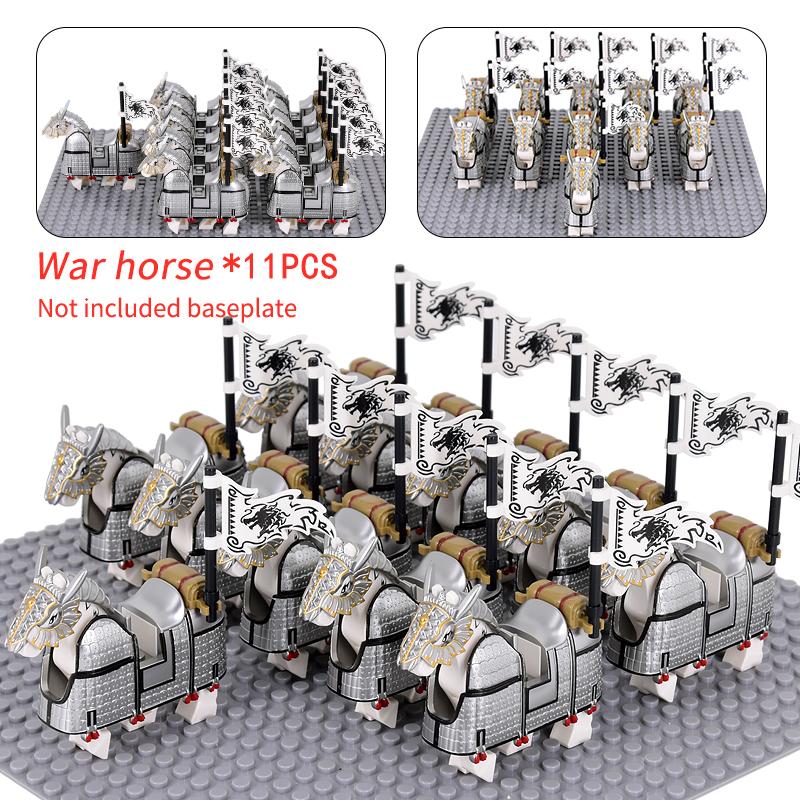 11pcs Medieval Gothic War Horse Building Blocks Silver/Gold/Iron/Armored Horses Battle Steed DIY Bricks Toys