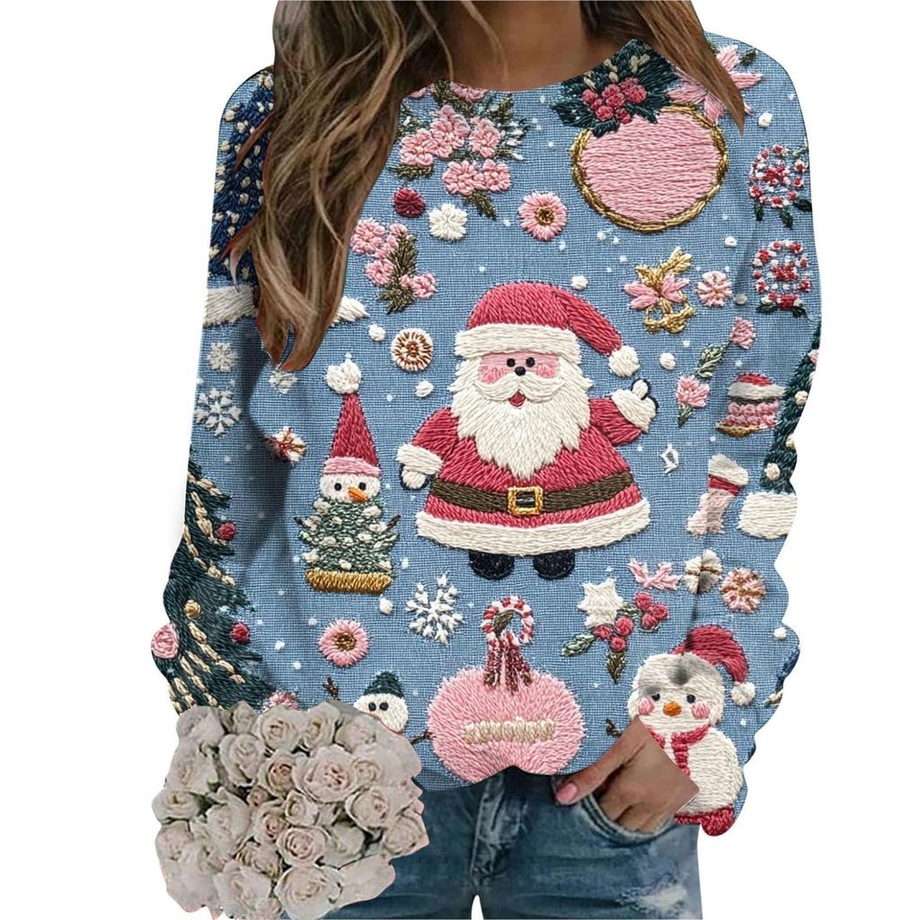 Ladies' Christmas Printed Long Sleeved Round Neck Hoodie Loose Top