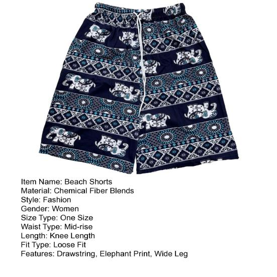 Women Casual Beach Shorts Drawstring Elastic Waist Shorts with Pockets Thai-Inspired Elephant Print Wide Leg Summer Shorts