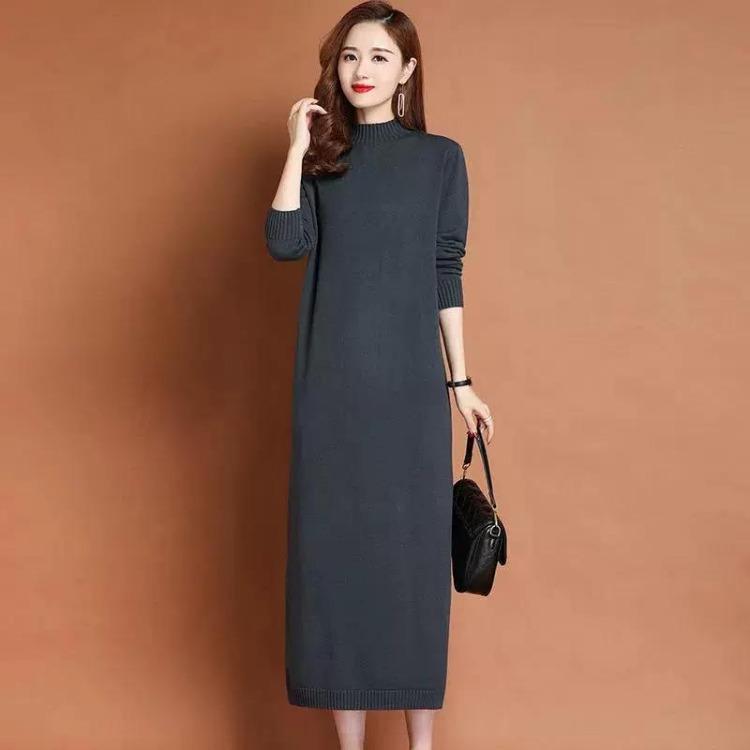 Elegant Autumn Knit Sweater Dress for Women Casual Solid Color Long Maxi Dress