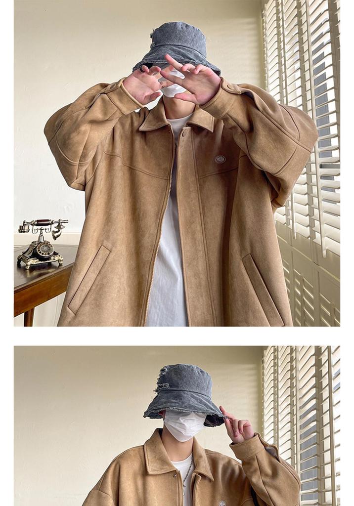 Men's Retro Suede Jacket - Hong Kong Style, Distressed All-Season Workwear Coach Jacket