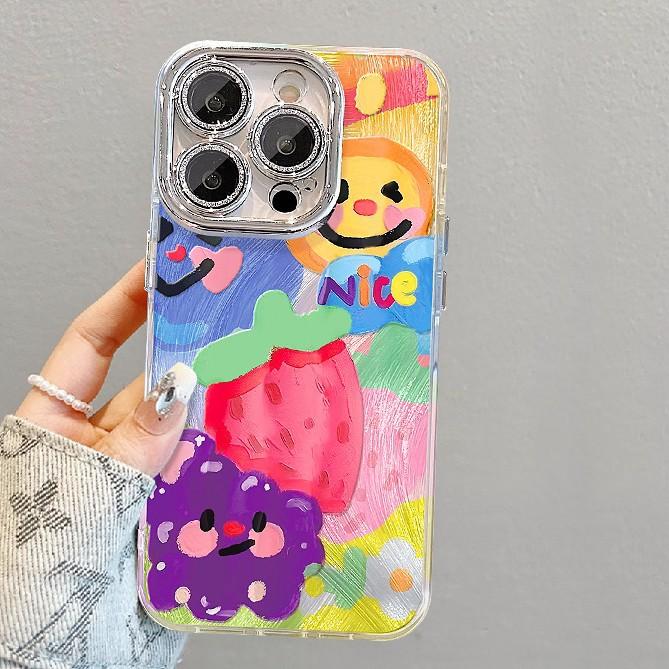 Oil Painting Graffiti Strawberry Suitable for Apple 16pro Feather Yarn Mobile Phone Case 15 High-end Sense 14 Full Cover Anti-fall 13 Funny X