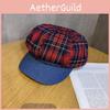 Cotton Retro Twill Spliced Checkered Beret Cap With Curved Brim For Wear Casual