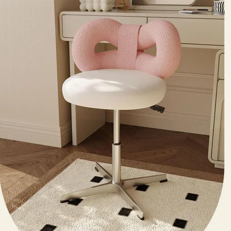 Adjustable Wool/Sheepskin Makeup Chair Rotatable Dressing Stool Easy-to-Clean Bow Tie Design Sag-Proof Computer Seat