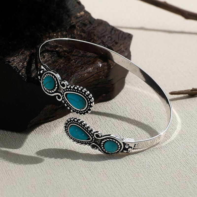 Vintage Ethnic Style Inlaid Imitation Natural Stone Bracelet Elegant Open Adjustable Bracelet Women Party Jewelry
