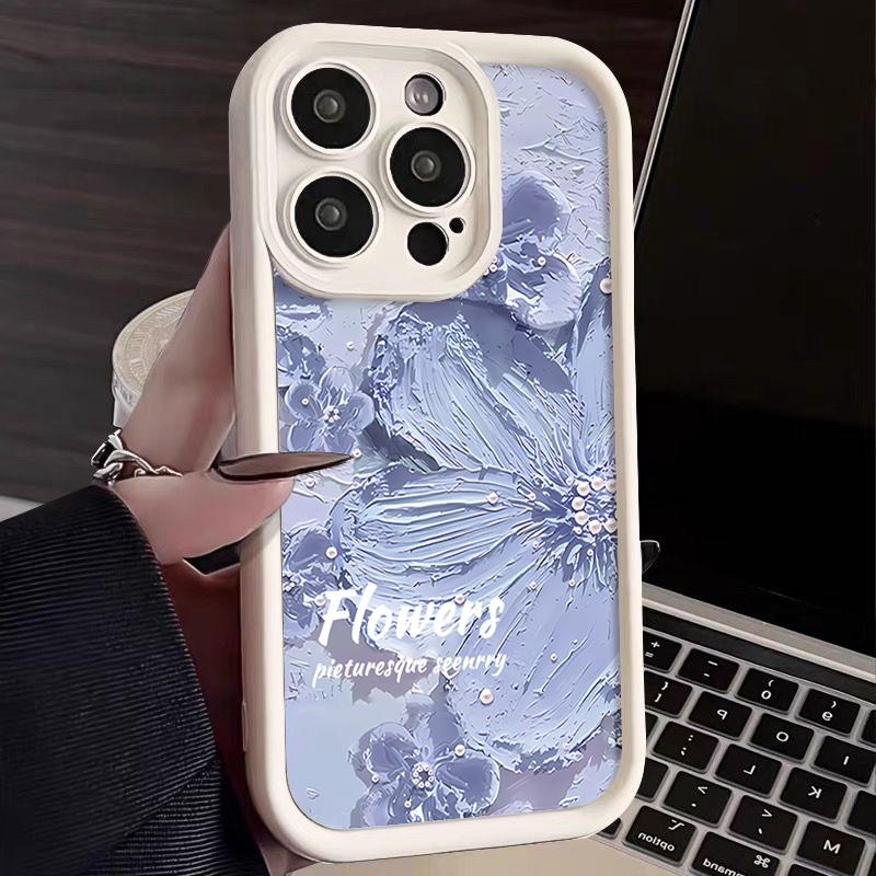 Candy Color Tpu Soft Phone Case for iPhone 16 Pro 15 14 Plus 13 12 11 Pro Max Xs Xr 8 7 Shockproof Relief Blue Flower Pattern Lens Protection Cover