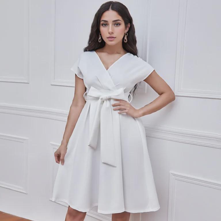 Sommar V-ringad Enfärgad Midja Knytskärp Swingklänning för Europeisk & Amerikansk Mode