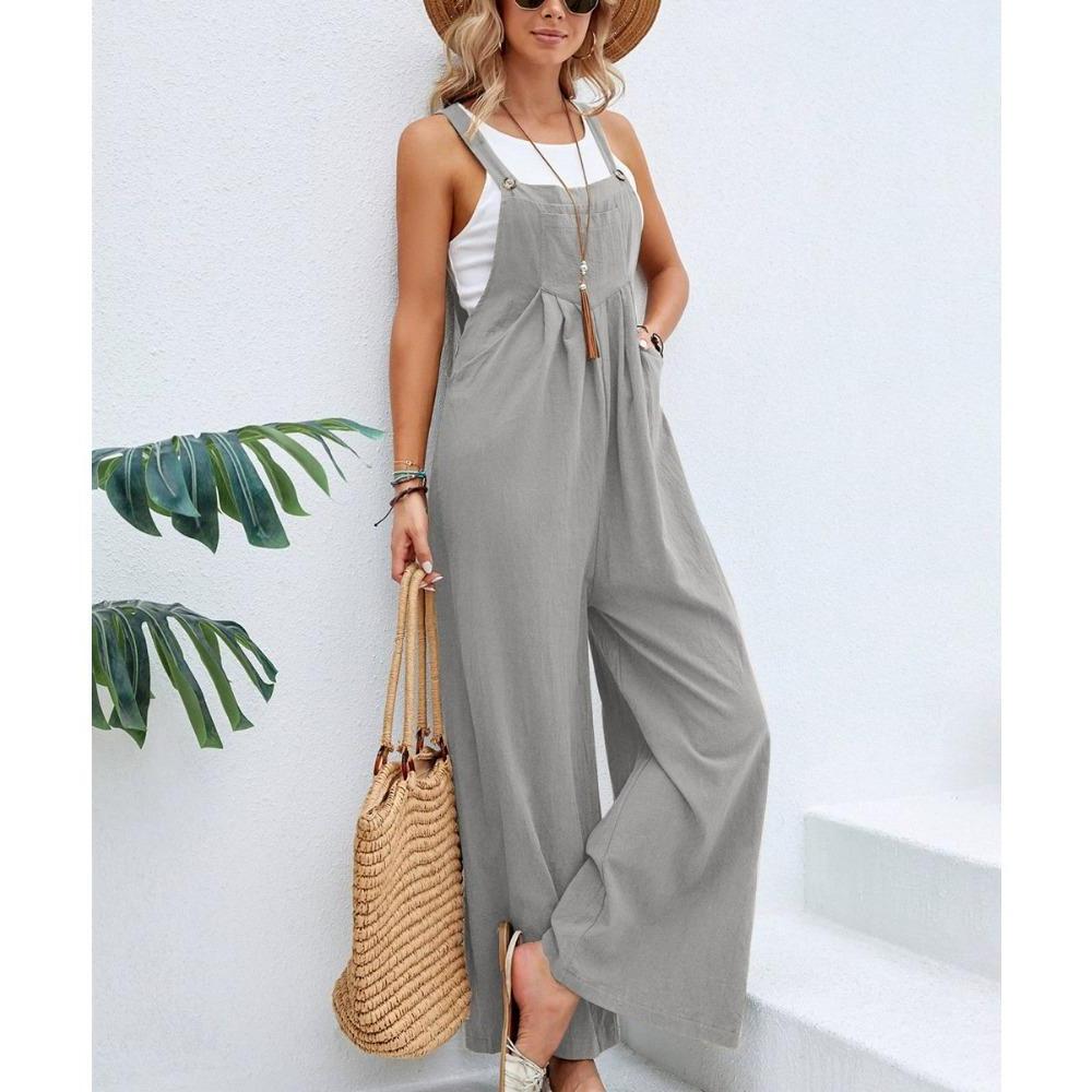 Overalls mit weitem Bein für Damen, lässig, aus Baumwolle und Leinen, lockerer Umstands-Jumpsuit für den Sommer und den Strand