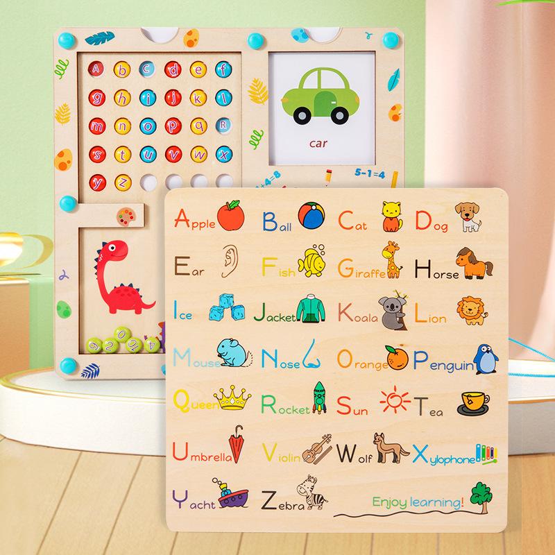 Wooden Kids Early Education 3-in-1 Magnetic Alphabet Number Walking Beads 26 English Alphabet Learning Puzzle Teaching Toy