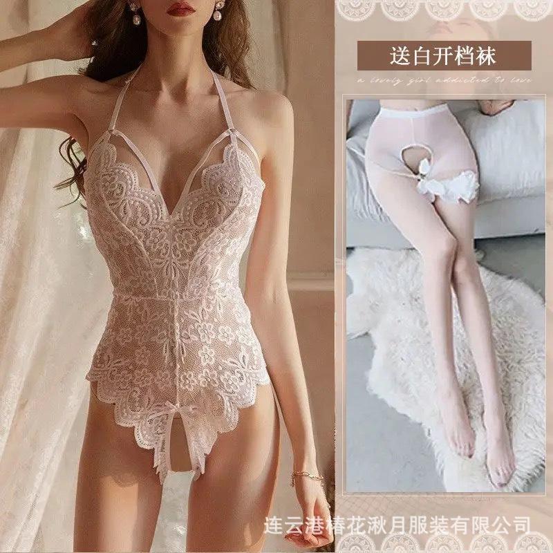 Sexy Female Sexy Backless Perspective Tight Lace Onesie Open Crotch Free of Temptation A99
