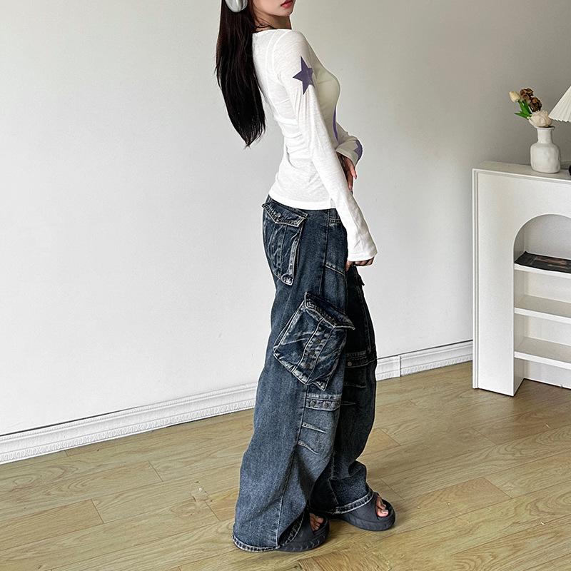 New Women's Solid Color Slim Fit Street Fashion V-neck Printed Long Sleeved Top for Women